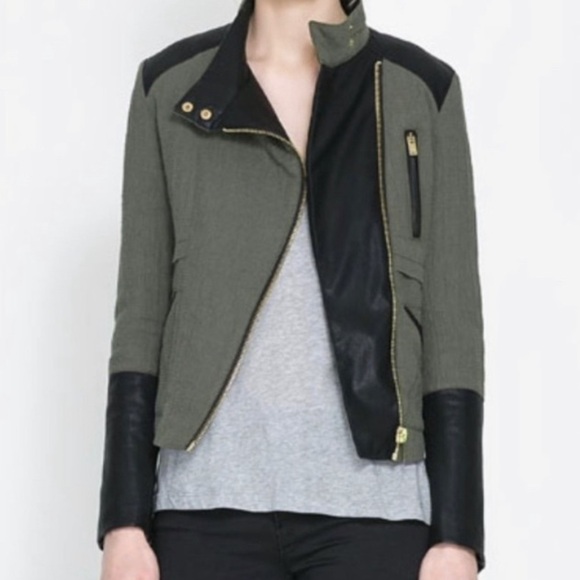Zara•Quilted cropped Moto Olive / Black Jacket medium - Picture 1 of 14